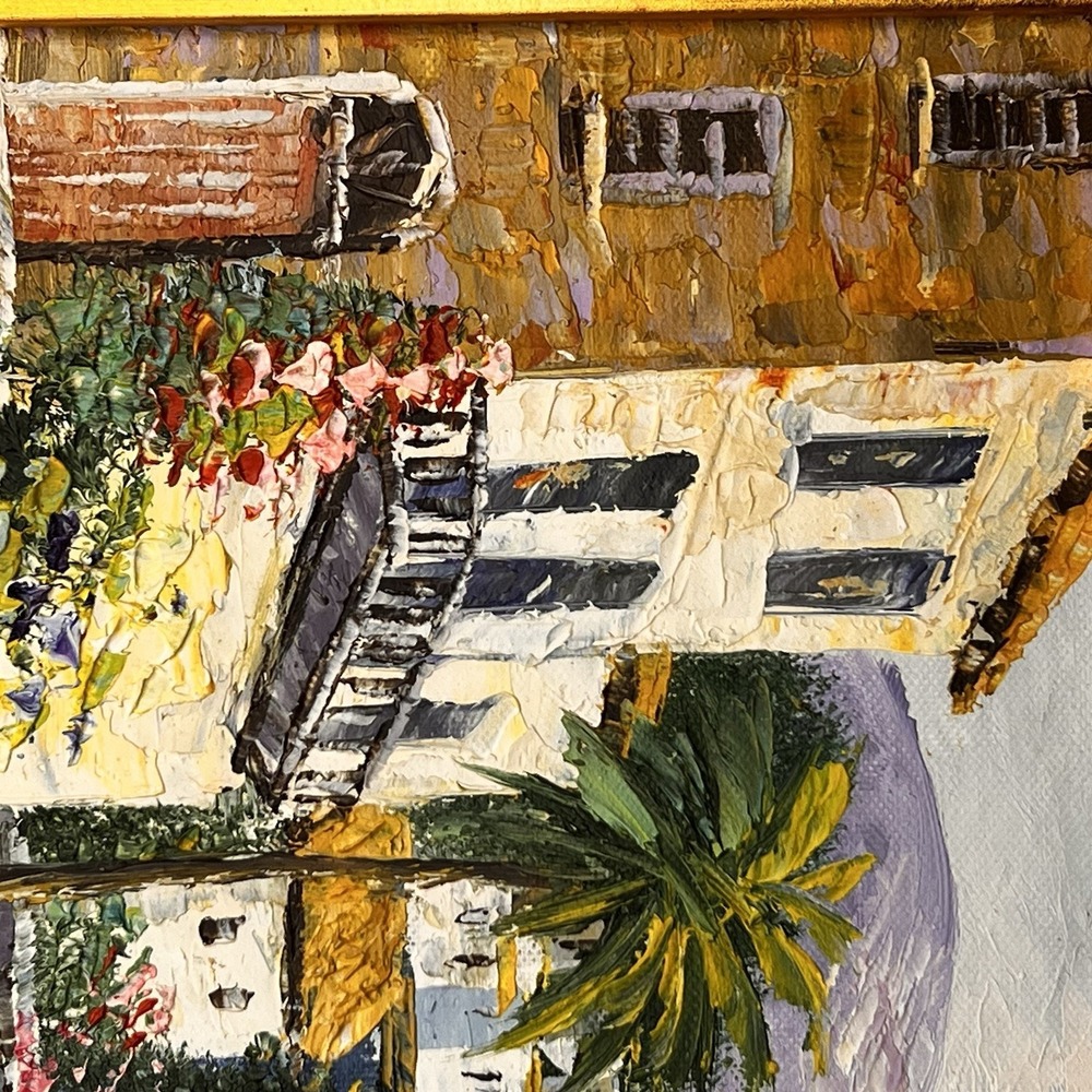 Signed Mediterranean Coastal Village Palette Knife Oil Painting Framed - Picture 10 of 15
